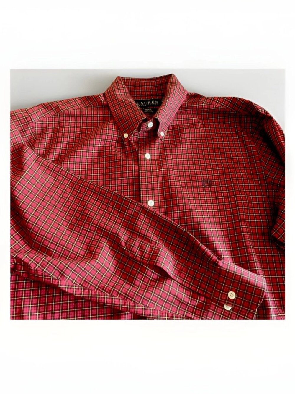 Ralph Lauren Button Down Shirt Mens 16.5 Slim Fit Plaid Long Sleeve Red Cotton